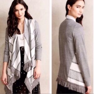 Anthropologie Saturday Sunday Elise Gray White Fringe Waterfall Cardigan Sweater